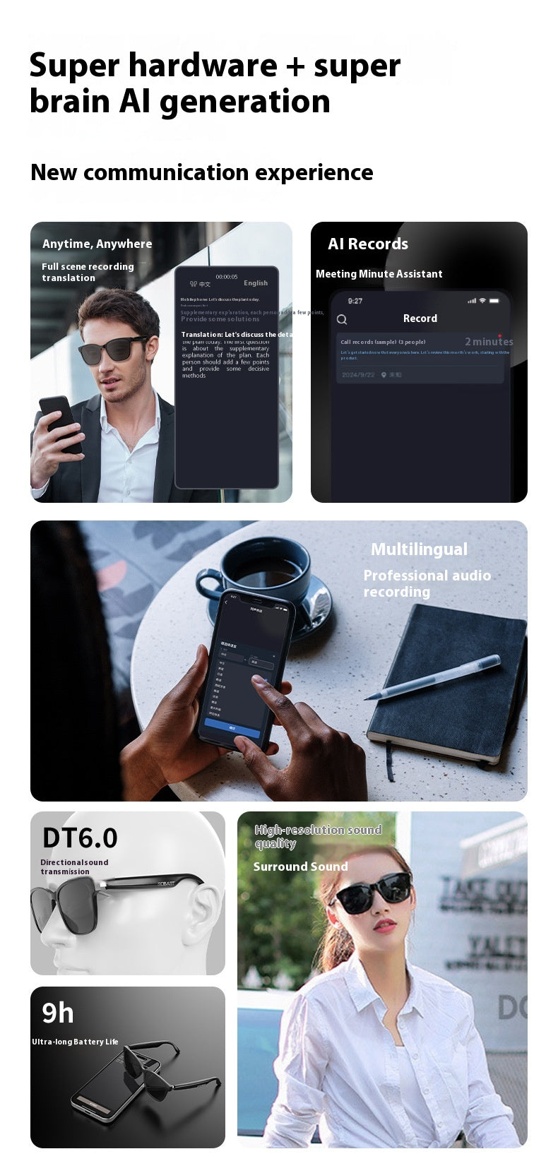 Recording & Translating AI Translation Wireless Bluetooth Glasses Headset Language Real-time Interpretation